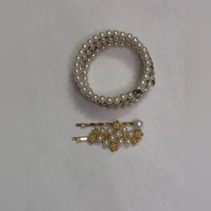 Elegant Pearl and Gold Bracelet and Hairpin Set
